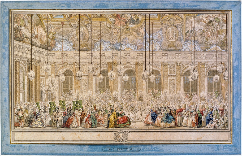Le Bal des Ifs ; bal masqué donné dans la galerie des Glaces, le 25 février 1745, pour le mariage du Dauphin Louis avec l’infante Marie-Thérèse-Raphaëlle d’Espagne, par Charles Nicolas Cochin le Jeune (1715-1790).
