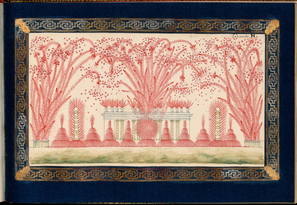 Projet du feu d’artifice tiré à Versailles en présence de sa majesté Louis XV, le 15 mai 1771, à l’occasion du mariage de Monseigneur le comte de Provence et de Marie-Joséphine de Savoie. Troisième coup de feu : Sphères et Girandoles, Recueil aux armes de Louis XV. Dessin à la sanguine et rehauts d’aquarelle, 1771.