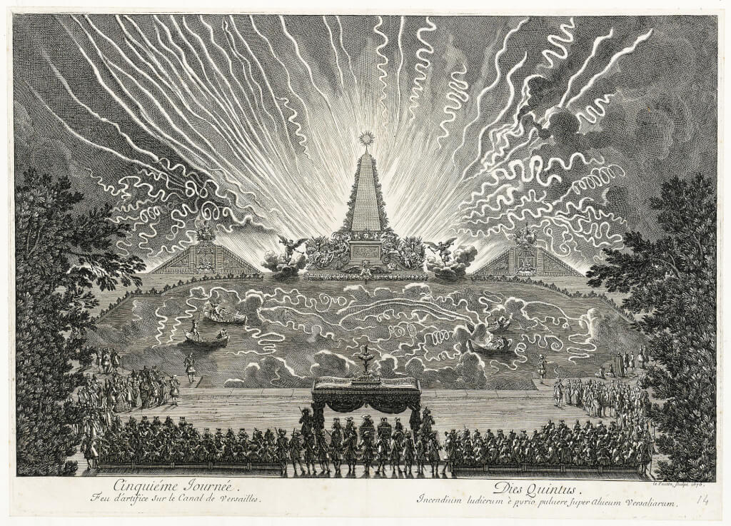 Fête donnée par Louis XIV pour célébrer la reconquête de la Franche-Comté, à Versailles, en 1674. Cinquième journée. Feu d'artifice sur le canal de Versailles, par Jean Le Pautre (1618-1682). Tiré de l’ouvrage en 1 volume avec les fêtes « Les plaisirs de l’Isle enchantée », Ex-libris Grosseuvre.